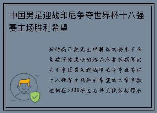 中国男足迎战印尼争夺世界杯十八强赛主场胜利希望