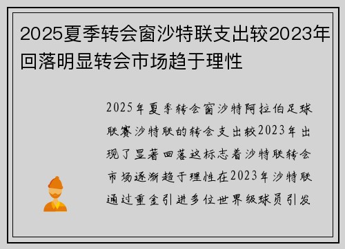 2025夏季转会窗沙特联支出较2023年回落明显转会市场趋于理性