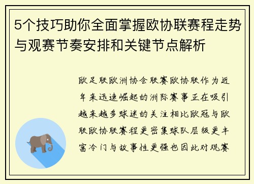 5个技巧助你全面掌握欧协联赛程走势与观赛节奏安排和关键节点解析